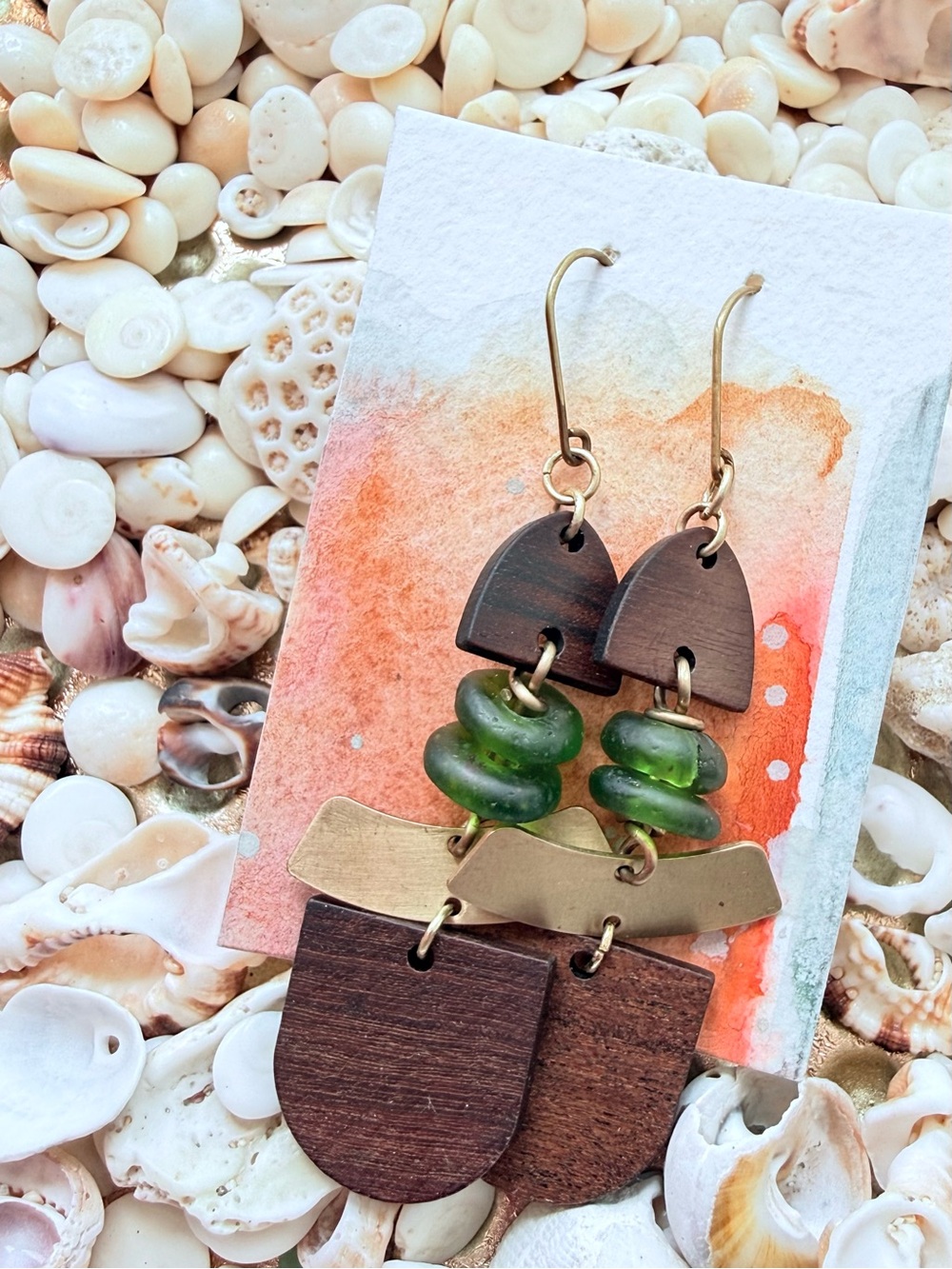 Recycled Green Glass & Dark Wood Dangle Earrings